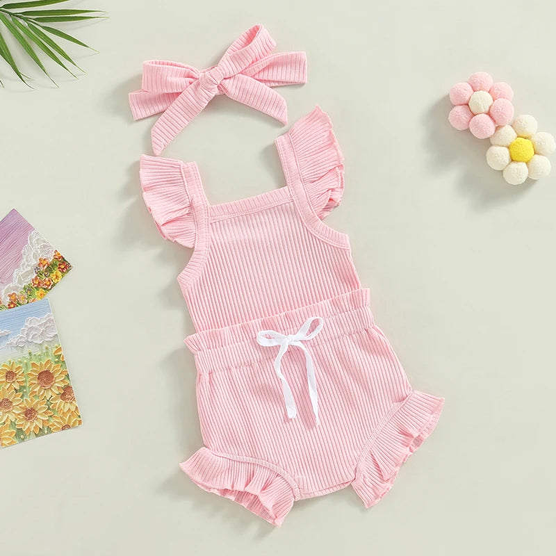 Newborn Baby Girl Clothes Summer Outfit Ruffle Sleeveless Knit Romper Top Bloomer Shorts Set