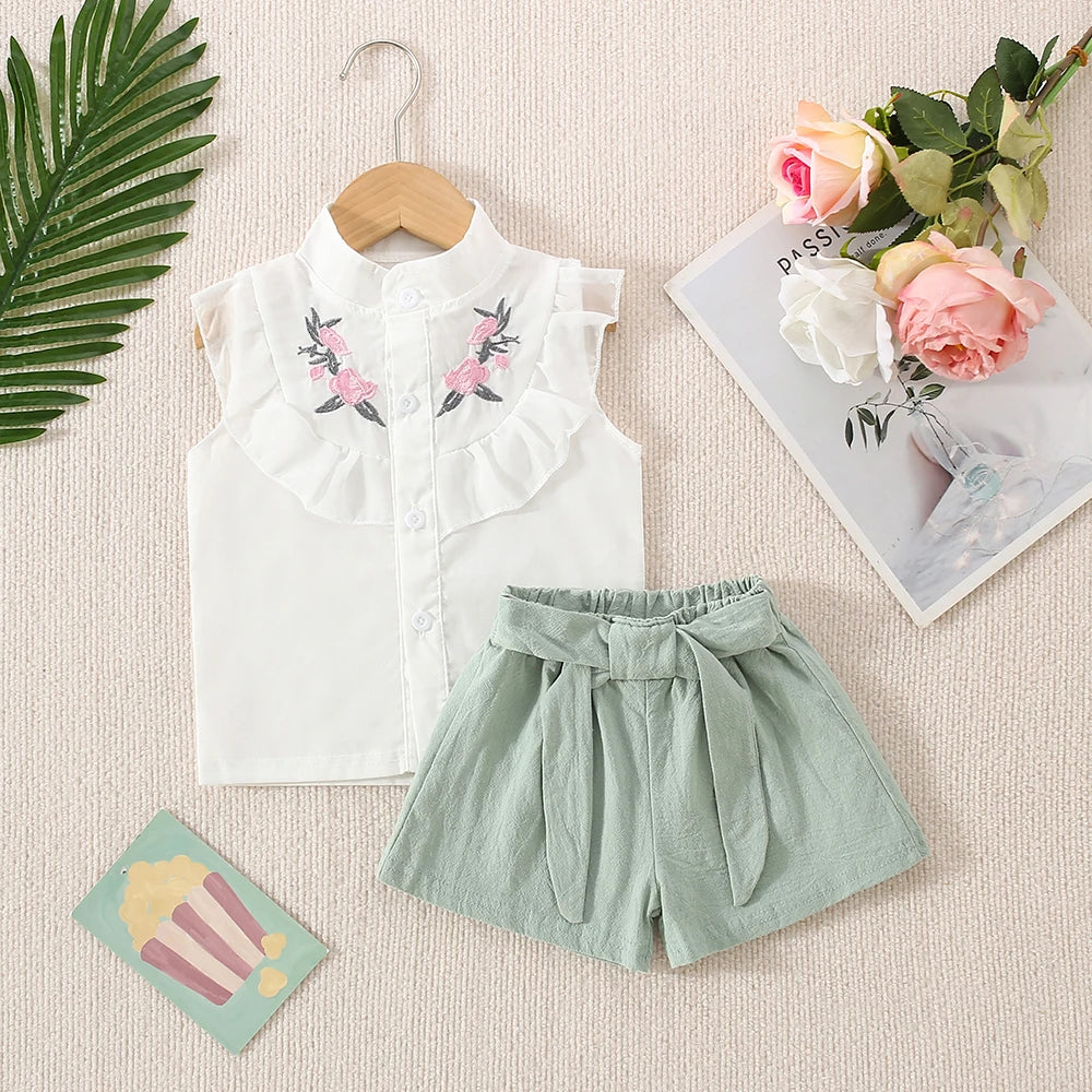 Summer New Simple Style Baby Girl Set, Flower Embroidered Children'S Clothing Suitable For Babies Aged 9 Months To 3 Years Old