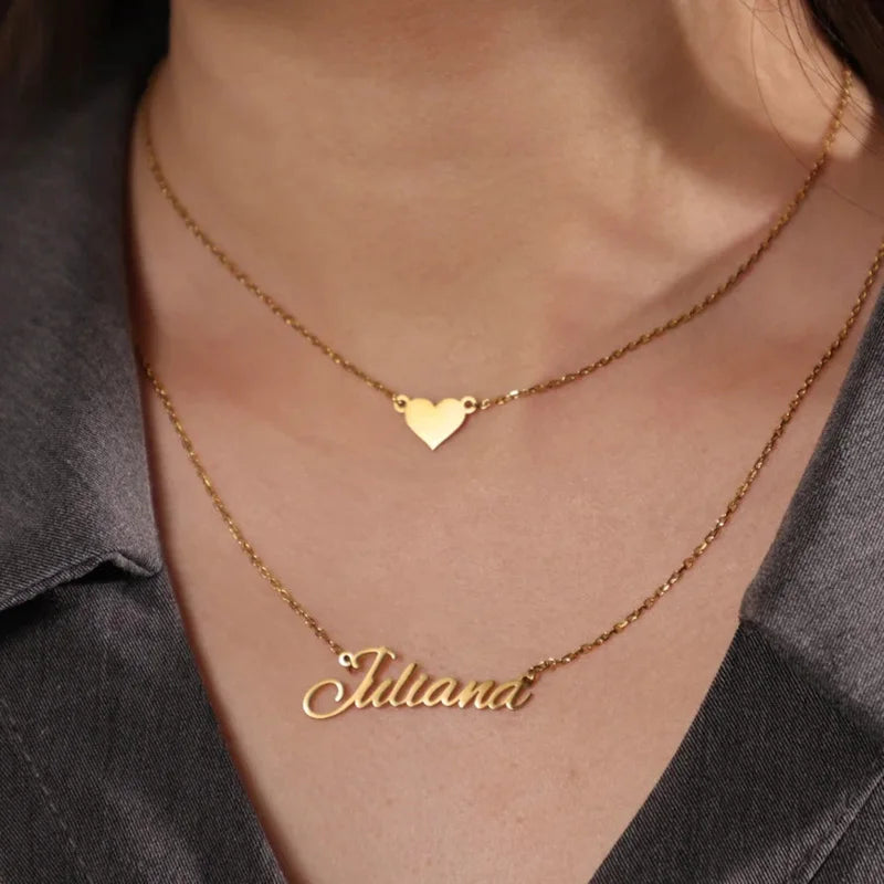 Personalized Double-strand Heart Name Necklace for Women Custom Layered Necklace Stainless Steel 18K Gold Plated Chain Jewelry